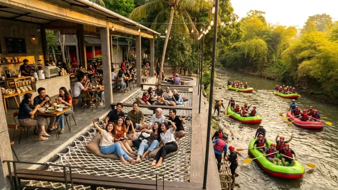 Area cafe Tirtha Shankara dengan hidangan dan kopi Nusantara menghadap pemandangan pegunungan